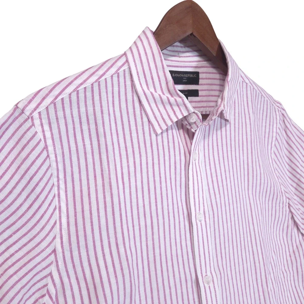 Banana Republic Slim Fit Linen Cotton Shirt Mens M Striped Pink White Preppy